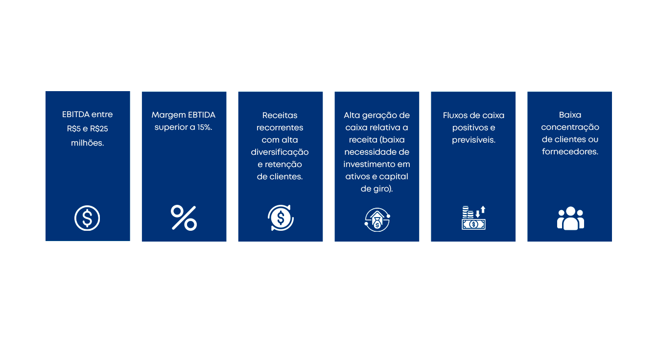 Uma empresa de médio porte, com receita entre R$30 e R$150 milhões, que ofereça potencial de crescimento, estabilidade financeira e oportunidades para otimização e expansão. Os principais critérios delineiam o perfil desejado na empresa são